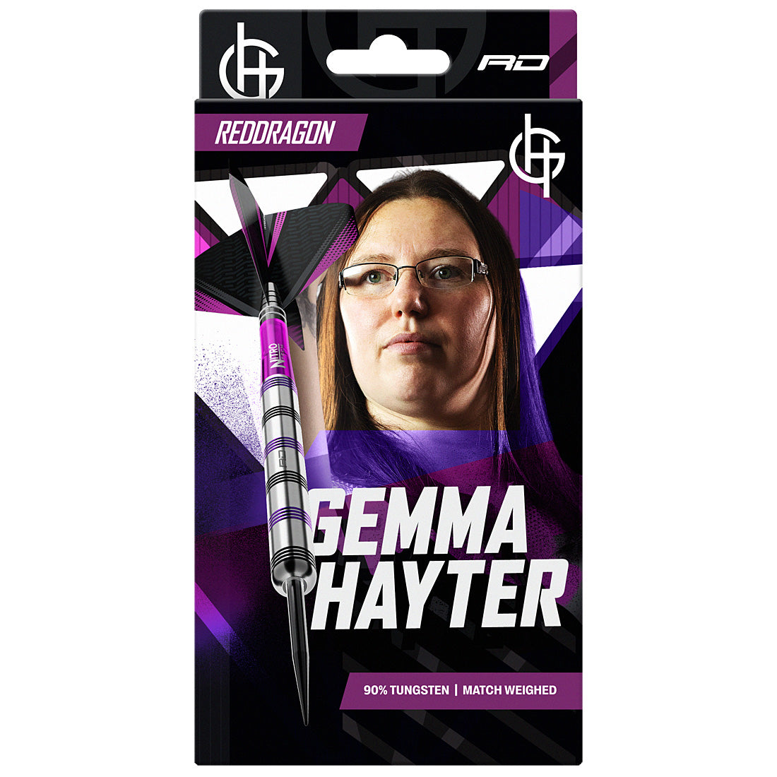 Packaging of darts featuring a person with glasses and a purple and black design.