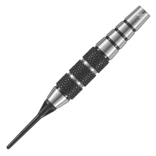 A close-up of a Harrows Black Jack soft tip dart with stainless steel barrels and black knurling.
