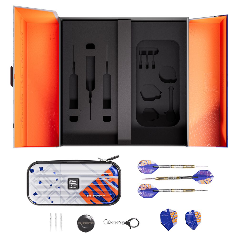 The set includes the choice of three flight shapes No.2, No.6 and TEN-X. The sets of Chrono Pro Ultra flights provided are crafted from durable 100-micron material, our dart flights promise unwavering resilience and longevity.
Keep your fully assembled Chrono RVB darts secure in the Takoma wallet, designed exclusively to match the darts' striking orange, blue, and grey aesthetic. The wallet features zippered pockets inside, perfect for storing spare accessories and the Swiss Point key, ensuring everything y