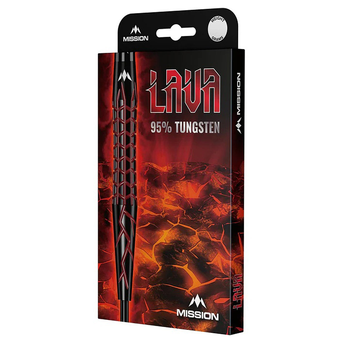 Mission Lava Darts - Steel Tip - 95% Tungsten - Black & Red Electro - Packaging