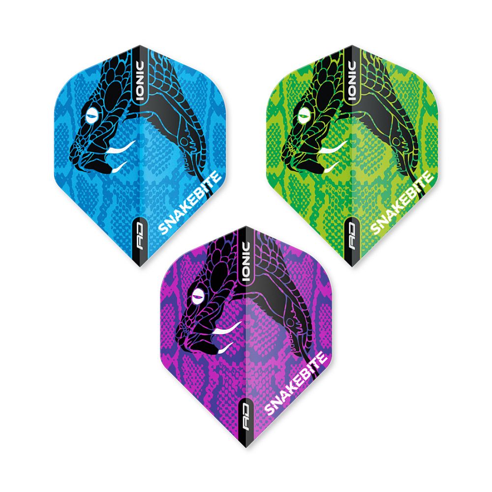 Hardcore Ionic Snakebite Selection Pack 2 - 3 sets Per Pack (9 Dart Flights in total) Blue, Green & Purple