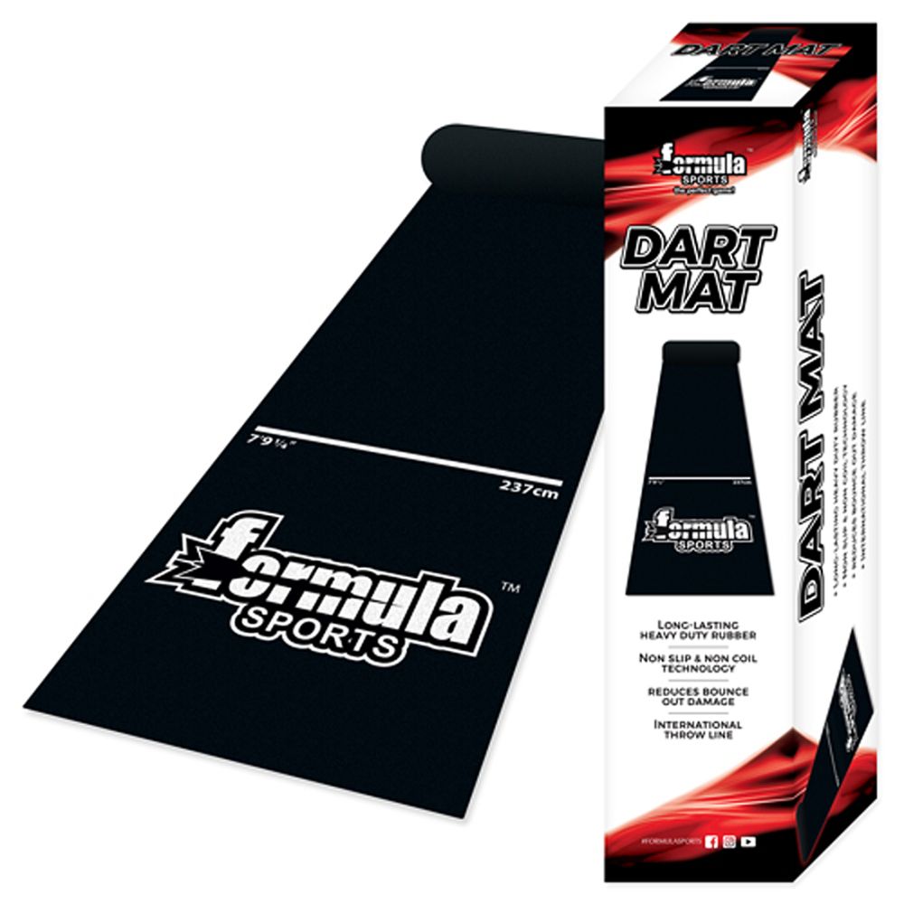 Formula Rubber Dart Mat. The long-lasting heavy duty rubber mat has a clearly marked International throw line and helps reduce dart damage from when the dart rebounds off the dartboard.