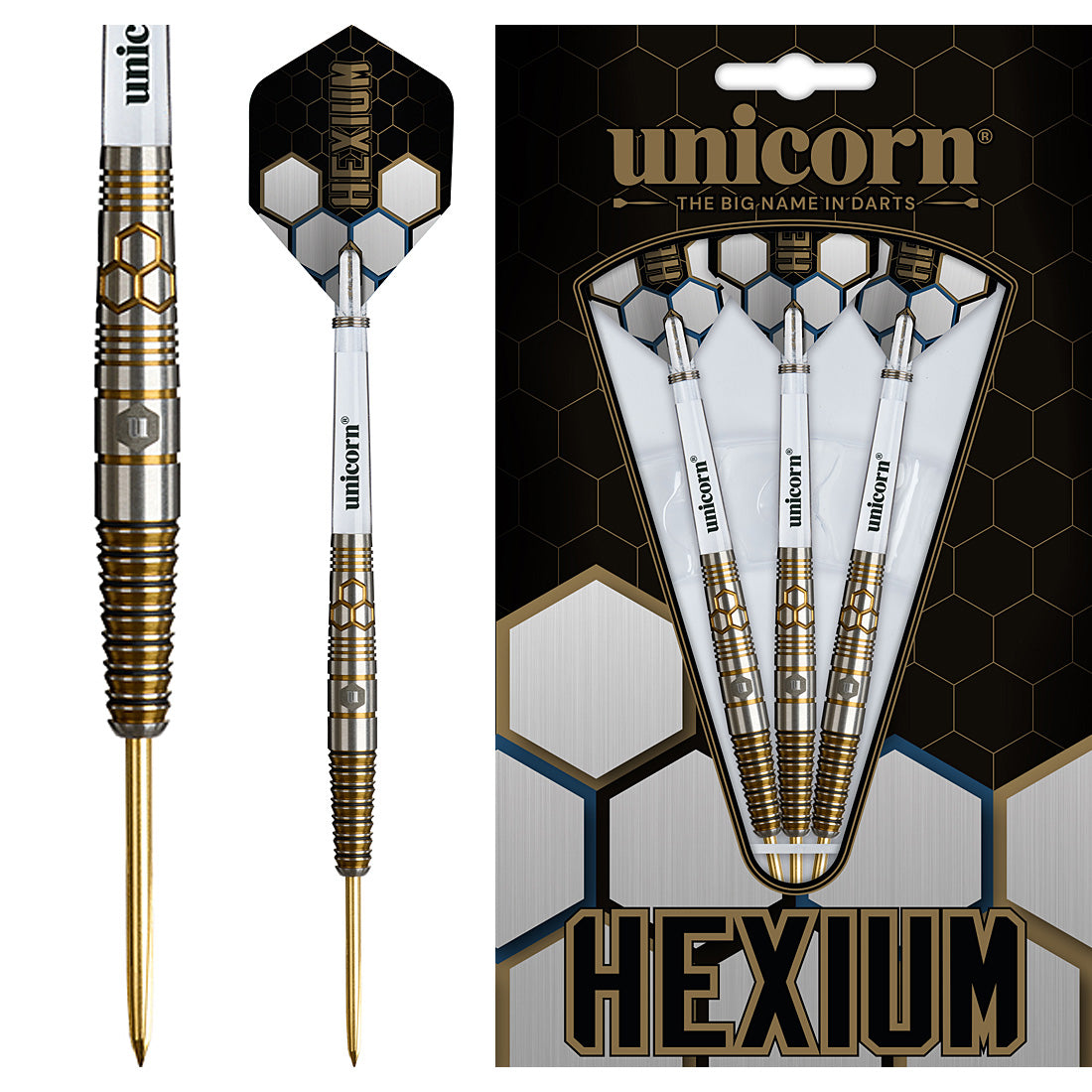 Unicorn Hexium 03 90% Steel Tip Darts – compact tungsten barrel with hex-pattern grip for precision | Deadeye Darts