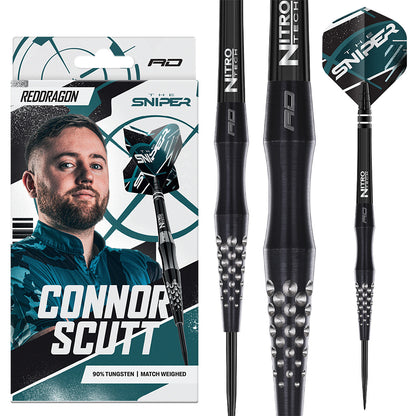 Darts with Nitro Tech branding and a packaging featuring Connor Scott on a white background