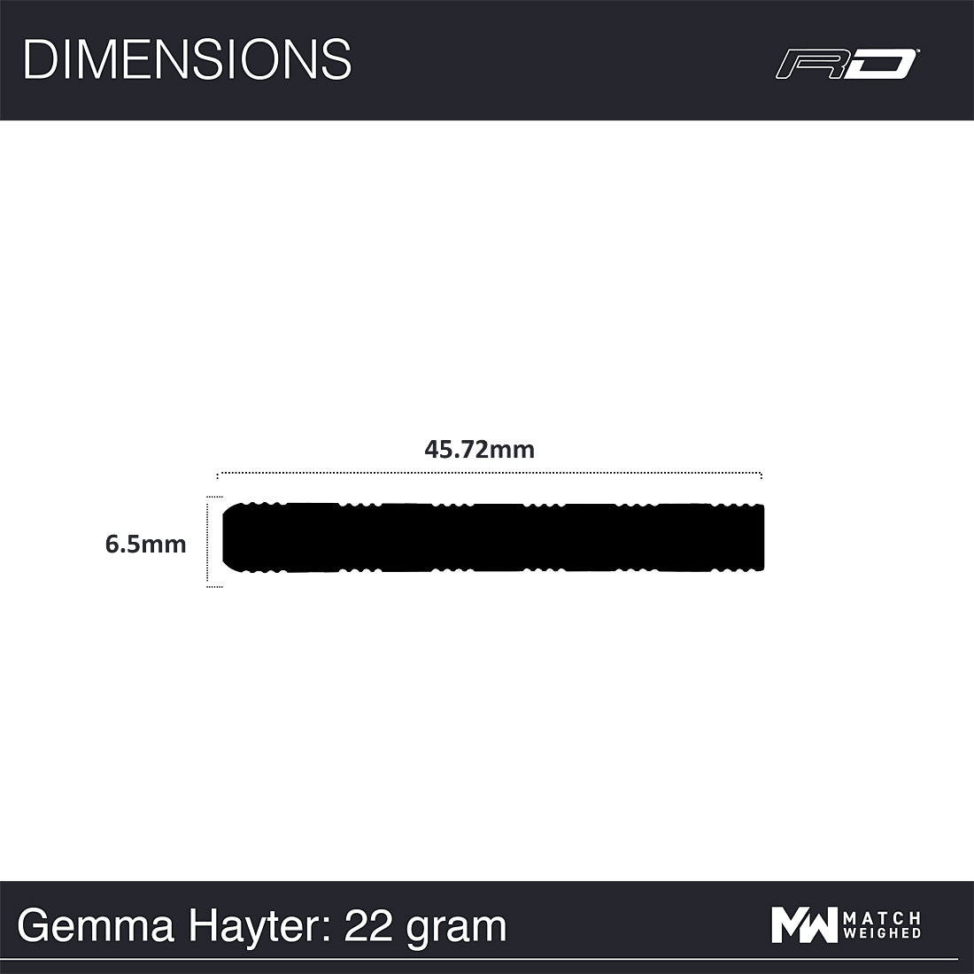 Measurement chart with dimensions of a product, featuring the brand 'Match Weighed'.