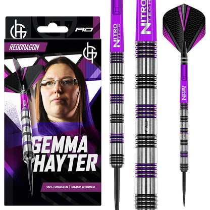 Darts with Nitro Technology branding and packaging featuring a person's face, with 'Red Dragon' and 'Gemma Hayter' branding.