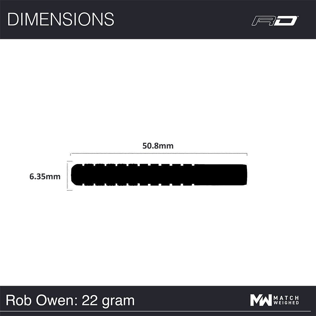 Measurement chart with dimensions of a product, featuring Rob Owen and Match Weighed logos.