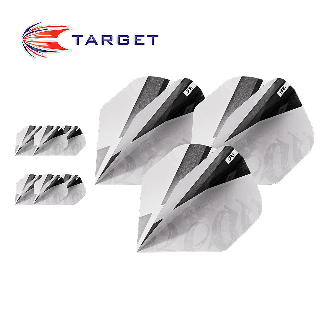 Black and white dart flights of Target Beau Greaves G1 No2 showing 3 sets