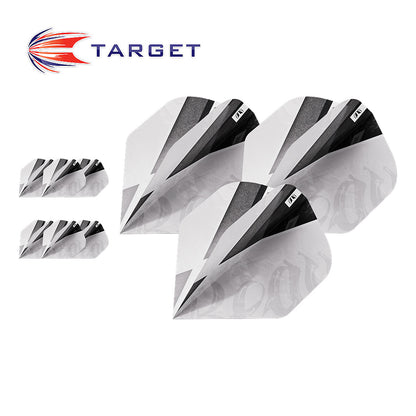 Black and white dart flights of Target Beau Greaves G1 No2 showing 3 sets