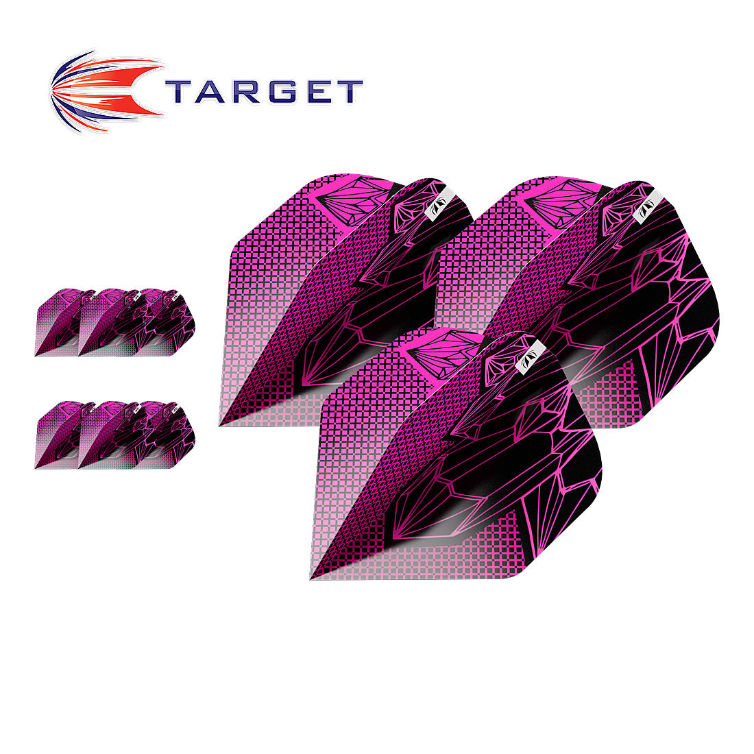 Pink and black Target archery vanes showing 3 sets