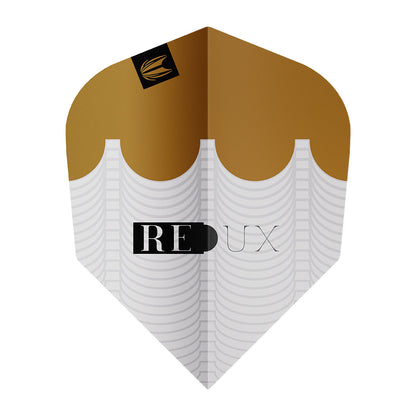 Gold and white dart flight with 'RE UX' branding on a white background of Target Redux No6 Shape - single flight