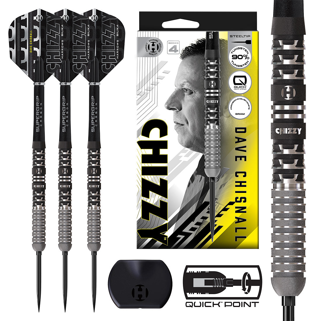 Harrows Dave Chisnall Chizzy 90% Series 4 Quick Point Darts – professional dual-grip tungsten darts for maximum precision