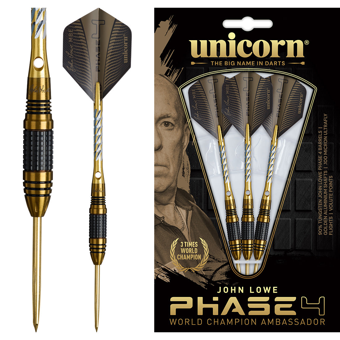 Unicorn John Lowe Phase 4 World Champion 90% Steel Tip Darts – iconic precision darts inspired by darting legend John Lowe