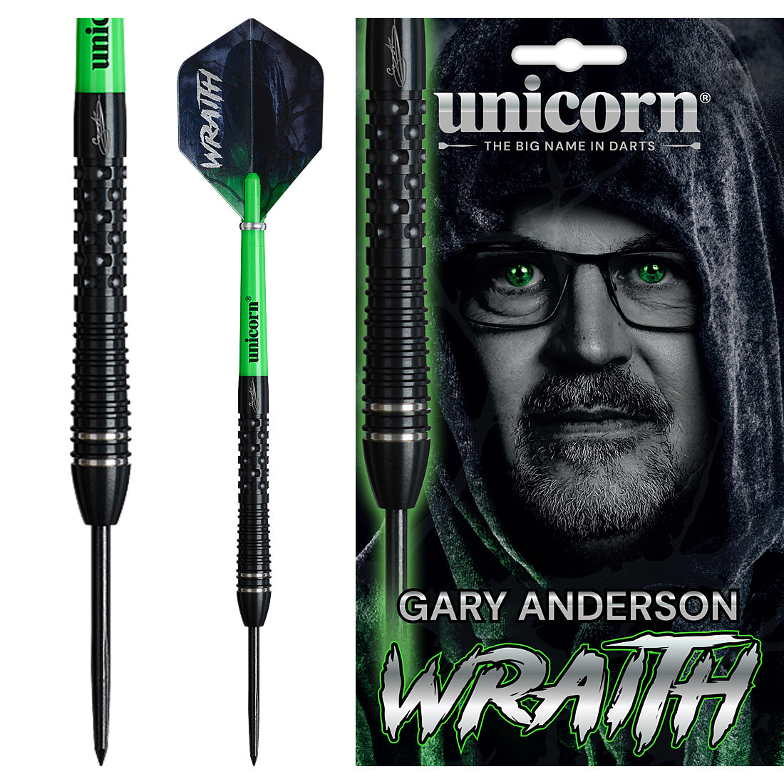 Unicorn darts with 'Wraith' branding and a packaging featuring Gary Anderson's face.