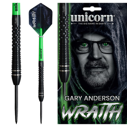 Unicorn darts with 'Wraith' branding and a packaging featuring Gary Anderson's face.
