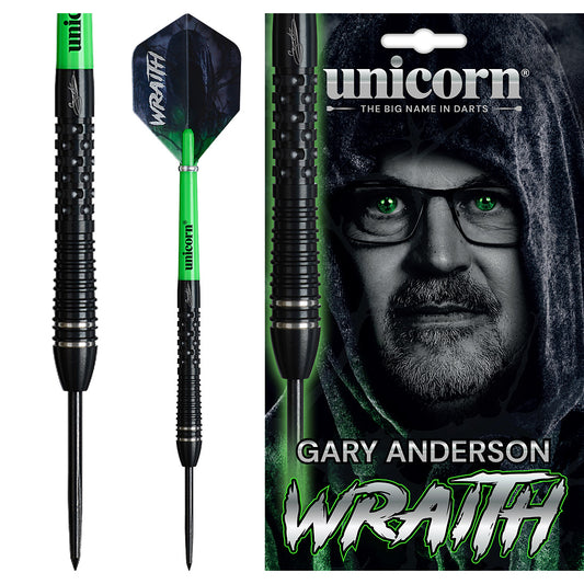 Unicorn darts with 'Wraith' branding and a packaging featuring Gary Anderson's face.