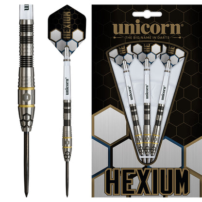 Unicorn Hexium 01 90% Steel Tip Darts – 90% tungsten darts with fine hex-pattern grip for enhanced control