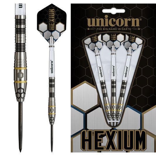 Unicorn Hexium 01 90% Steel Tip Darts – 90% tungsten darts with fine hex-pattern grip for enhanced control