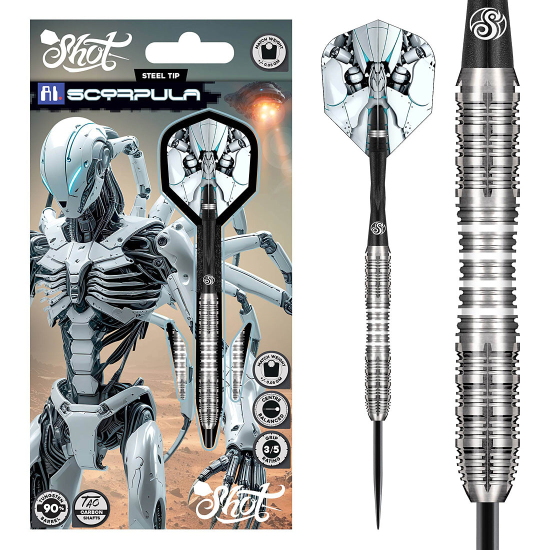 Shot AI Scorpula Steel Tip Darts – advanced 90% tungsten darts with AI-inspired grip and precision machining