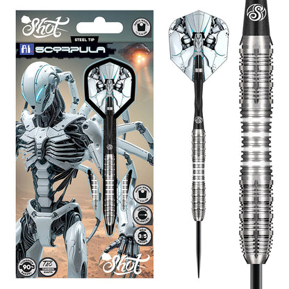 Shot AI Scorpula Steel Tip Darts – advanced 90% tungsten darts with AI-inspired grip and precision machining