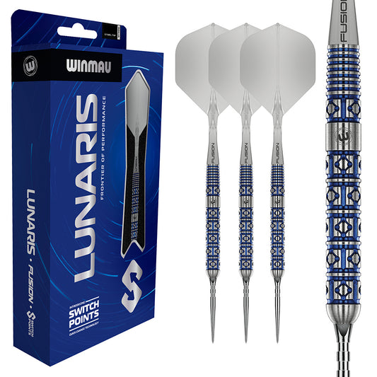 Winmau Lunaris parallel 90% tungsten Switch Point steel tip darts with balanced profile | Deadeye Darts