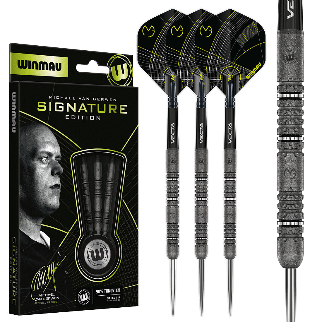 Winmau Michael Van Gerwen Signature Edition 90% steel tip darts designed for power and precision