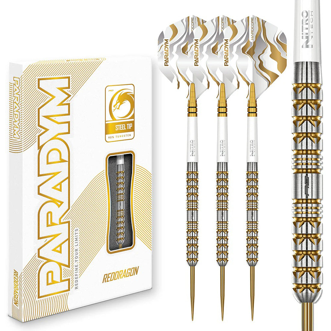 Red Dragon Paradym Gold Parallel 90 percent tungsten steel tip darts designed for precision and balance | Deadeye Darts