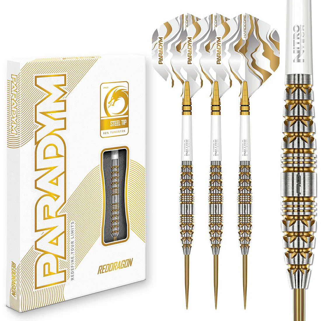 Red Dragon Paradym Gold Torpedo 90 percent tungsten steel tip darts with gold finish and compact barrel design | Deadeye Darts