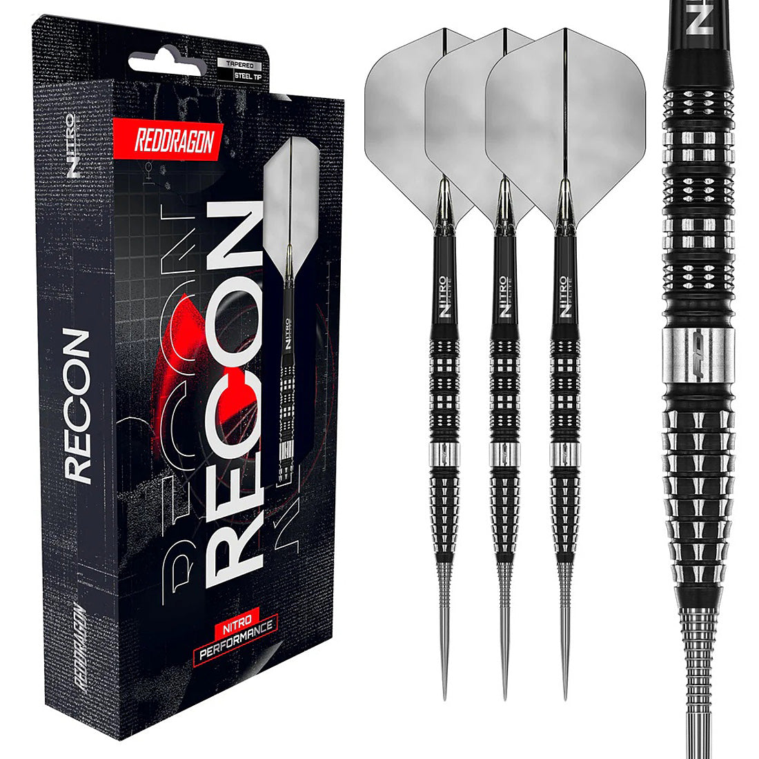 Red Dragon Recon Tapered 90 percent tungsten steel tip darts designed for smooth release and balanced control | Deadeye Darts