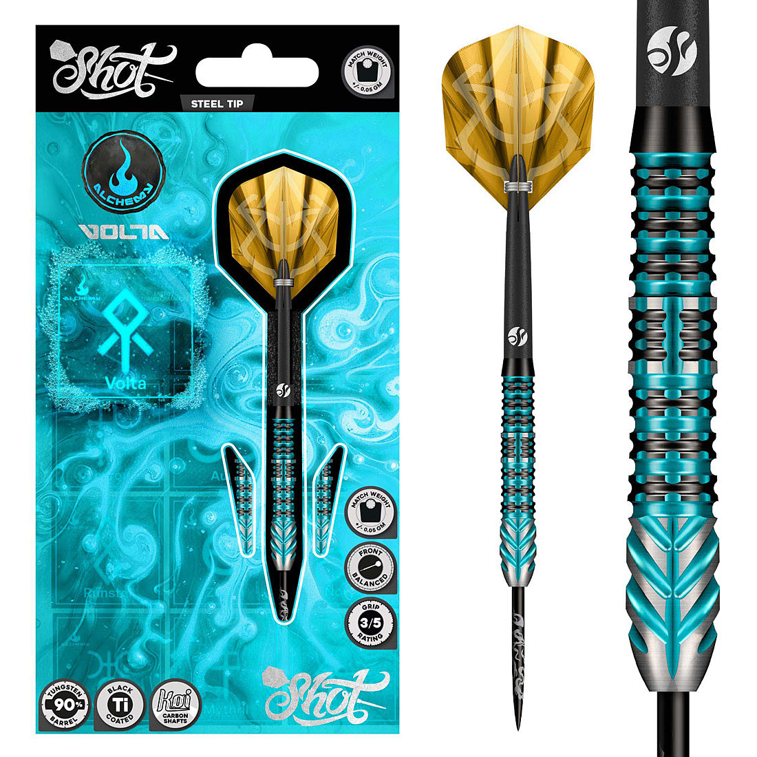 Shot Alchemy Volta 90 percent tungsten steel tip darts designed for balanced control | Deadeye Darts