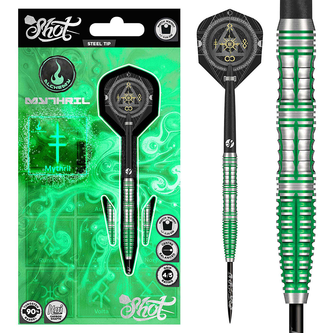 Shot Alchemy Mythril 90 percent tungsten steel tip darts designed for consistent performance | Deadeye Darts