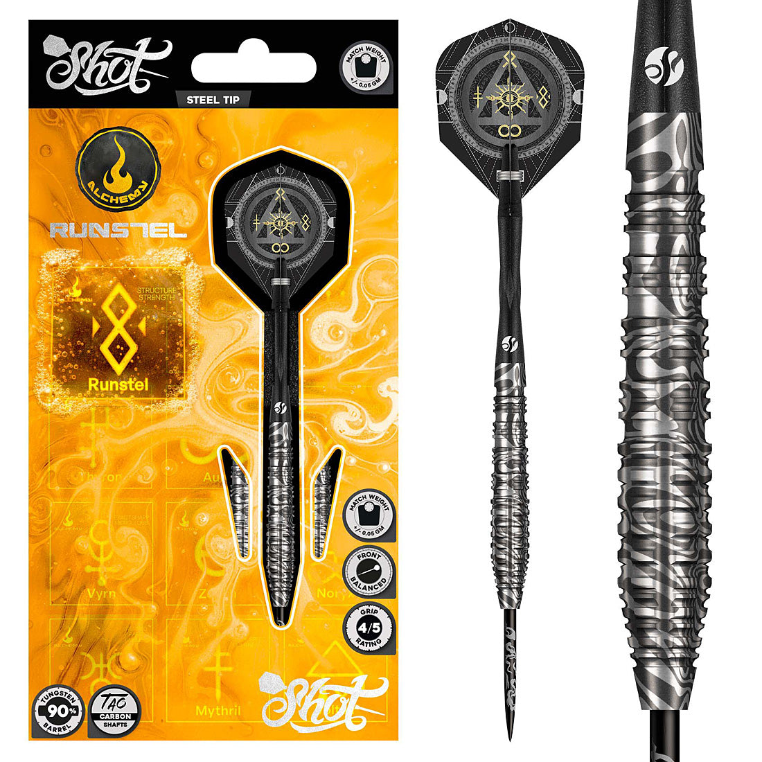 Shot Alchemy Runstel 90 percent tungsten steel tip darts designed for accuracy and control | Deadeye Darts