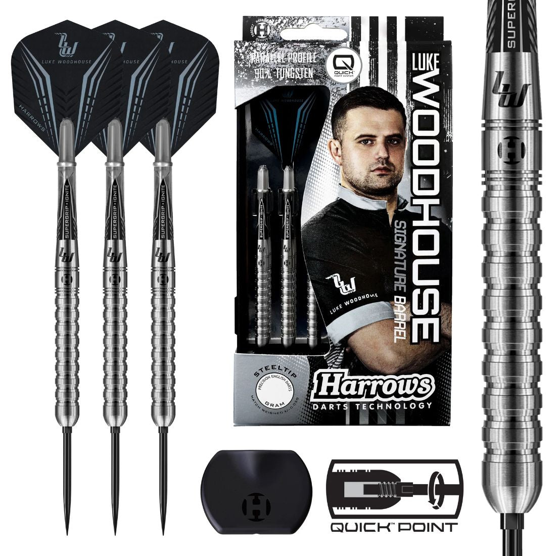 Harrows Luke Woodhouse Series 1 90 percent tungsten QP steel tip darts designed for precision and balance | Deadeye Darts