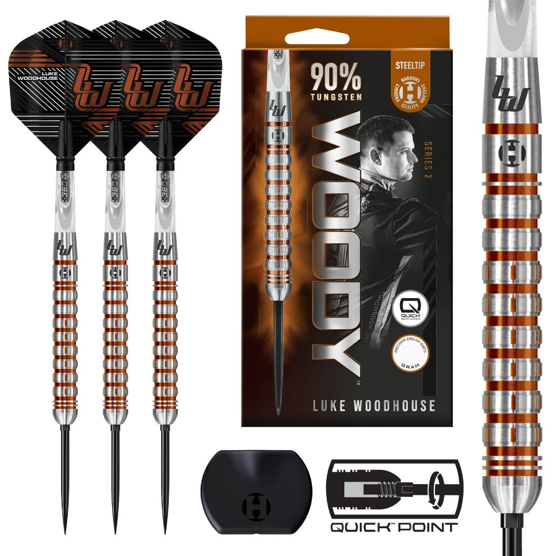 Harrows Luke Woodhouse Series 2 90 percent tungsten QP steel tip darts designed for control and consistent accuracy | Deadeye Darts