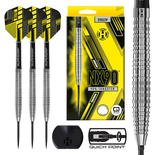 Harrows NX90 Tapered 90 percent tungsten QP steel tip darts designed for smooth release and precision control | Deadeye Darts