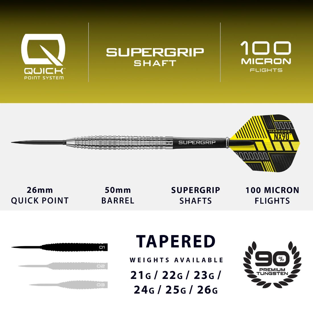 Harrows NX90 Tapered 90% Tungsten QP Steel Tip Darts