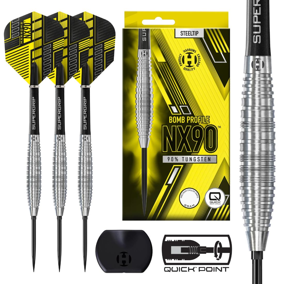 Harrows NX90 Bomb 90 percent tungsten QP steel tip darts with compact bomb barrel design | Deadeye Darts