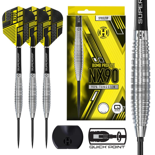 Harrows NX90 Bomb 90 percent tungsten QP steel tip darts with compact bomb barrel design | Deadeye Darts