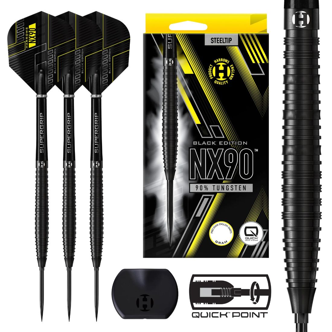 Harrows NX90 Black 90 percent tungsten QP steel tip darts designed for precision and consistent control | Deadeye Darts