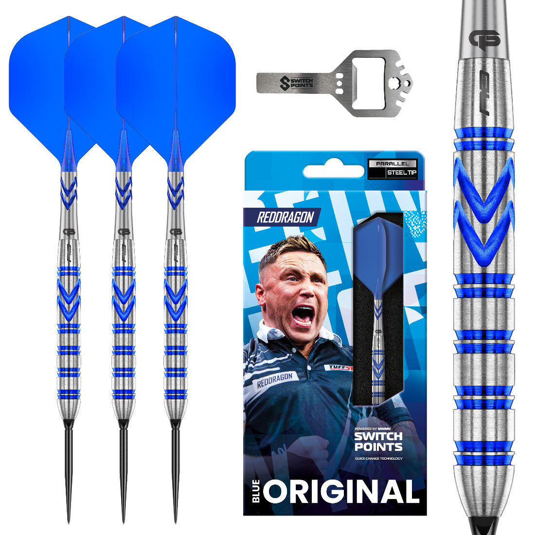 Red Dragon Gerwyn Price Blue Original Switch Point darts with blue finish and interchangeable point system | Deadeye Darts