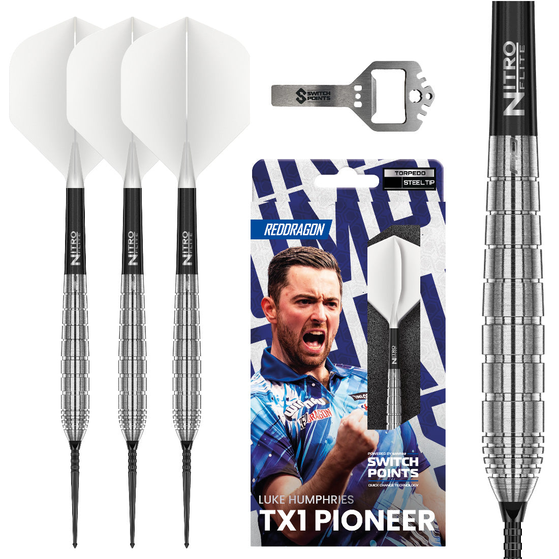 Red Dragon Luke Humphries TX1 Pioneer Switch Point darts with interchangeable point system and player-inspired design | Deadeye Darts