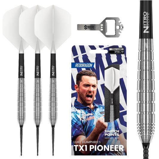 Red Dragon Luke Humphries TX1 Pioneer Switch Point darts with interchangeable point system and player-inspired design | Deadeye Darts