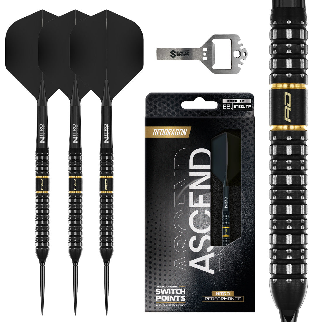 Red Dragon Ascend Parallel Switch Point darts with straight barrel design and interchangeable point system | Deadeye Darts