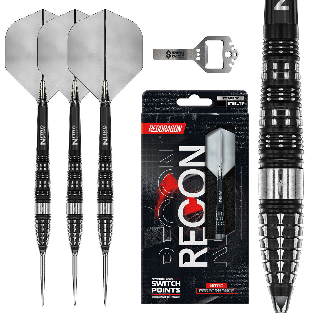 Red Dragon Recon Torpedo Switch Point darts with compact barrel and interchangeable point system | Deadeye Darts