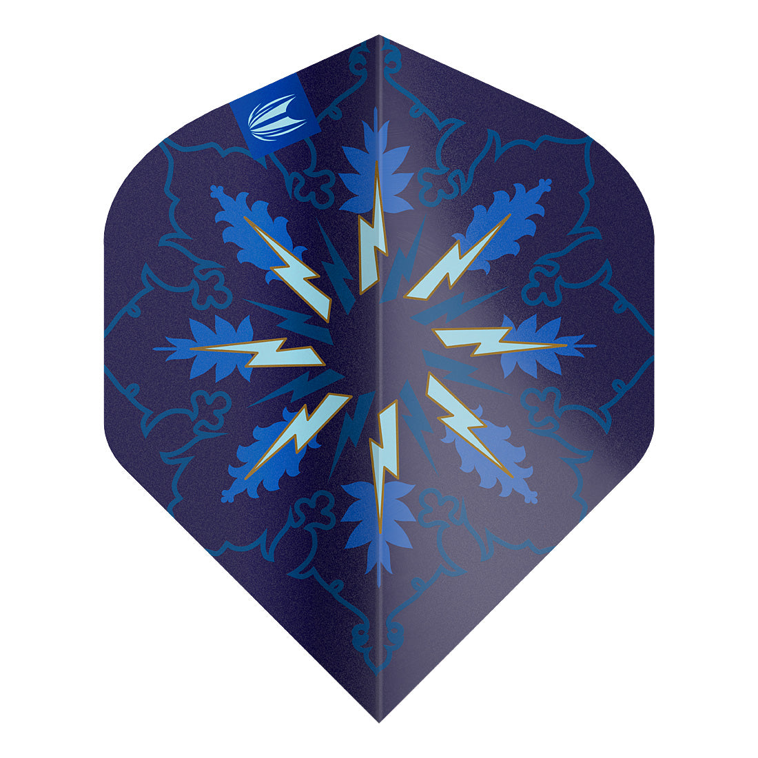 Blue dart flight with lightning bolt pattern on a white background