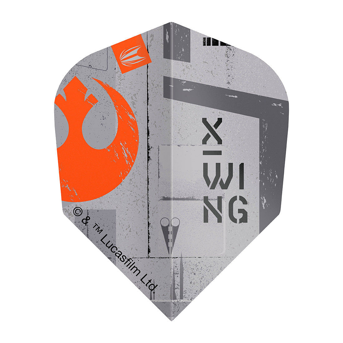 Dart flight with X-Wing design and Star Wars branding on a white background