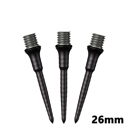Three black titanium dart conversion points with attached silicon O-rings, displayed against a white background. Each point is 26mm in length.