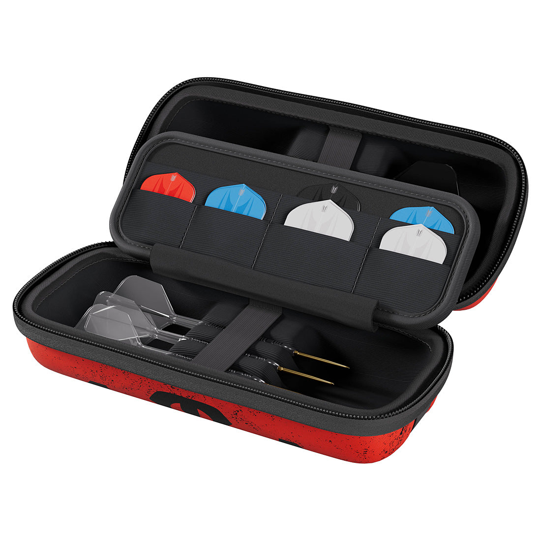 Black and red case with compartments for small items on a white background